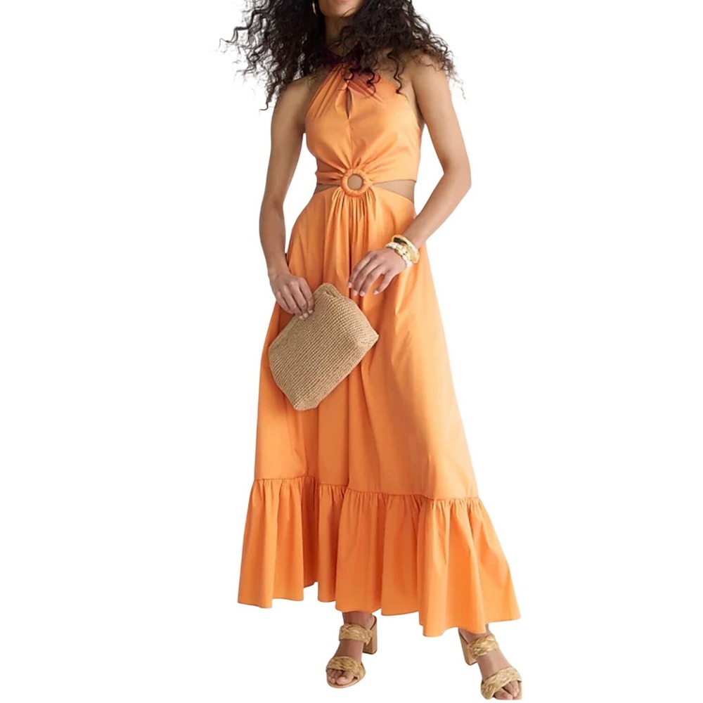 J. Crew Collection Taffeta O-Ring Cutout Halter Neck Maxi Dress Orange Size 6